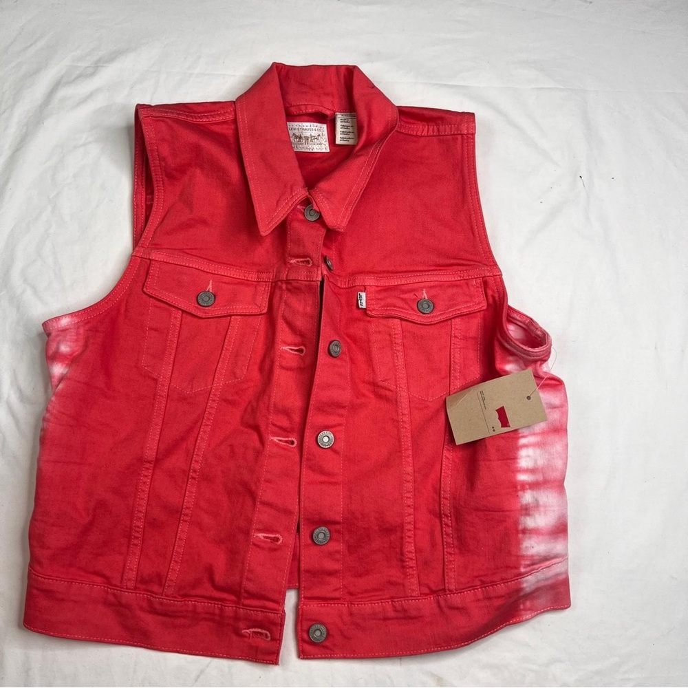 New Vintage Levis Jean Vest Red Color White Print Youth Size XLarge A040424